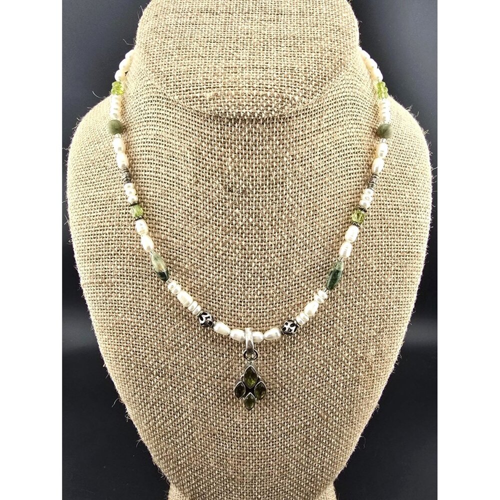 Freshwater Pearl & Green Peridot Sterling Silver Necklace Pendant Spring Easter
